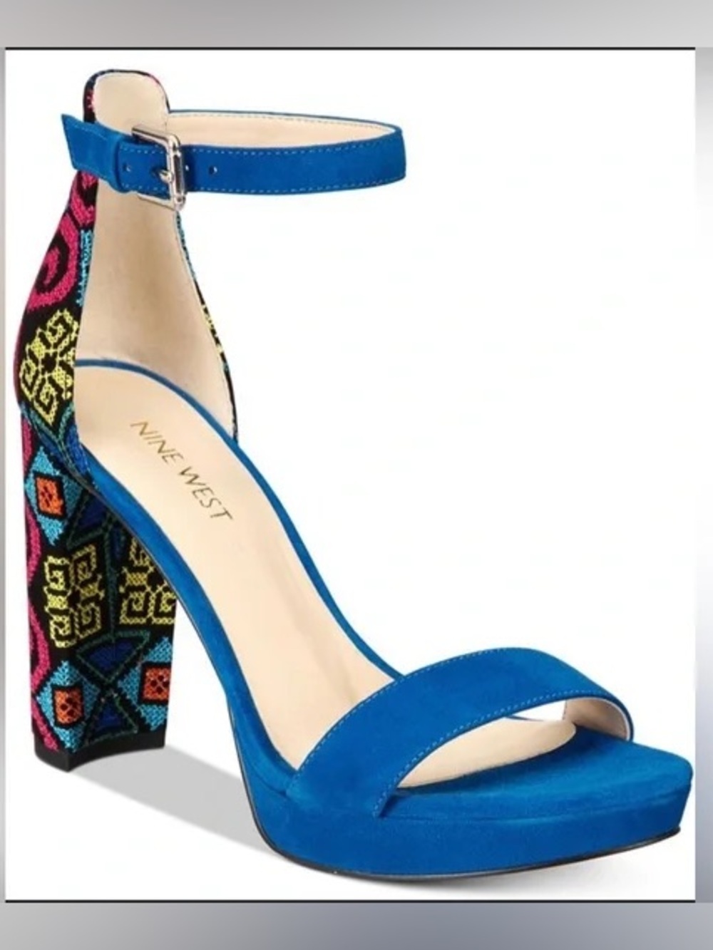Nine West Bright Blue Suede Ankle-Strap Sandal Multicolor Embroidered Heel Sz 7